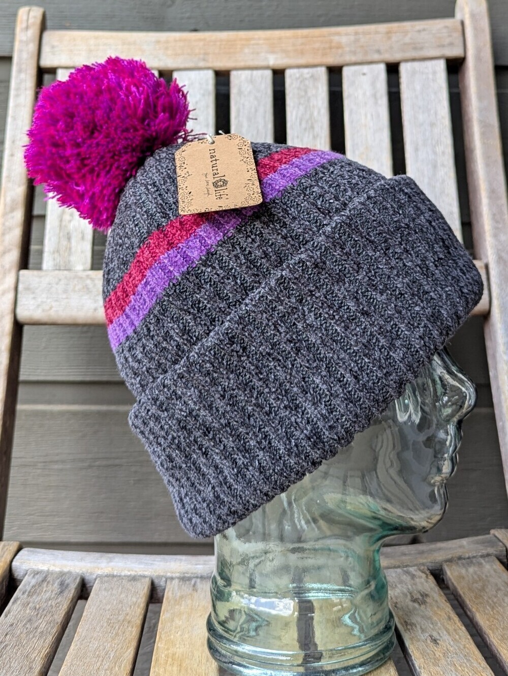 NWT Natural Life 2-in-1 Scarf Beanie Charcoal Gray Magenta Violet Chenille Knit